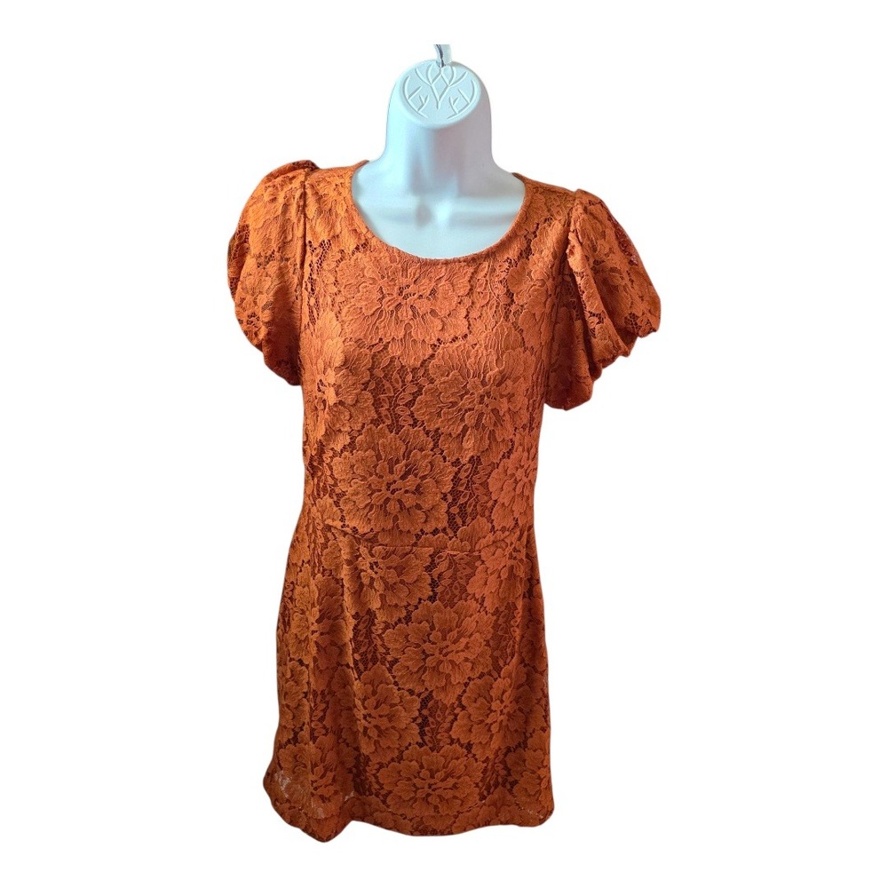 Free People Lace Puff Sleeve Mini‎ Dress Terracotta Orange Small Cottage Hailee